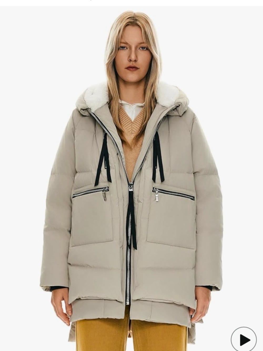 Beige Hooded Puffer Coat with Faux-Shearling Trim